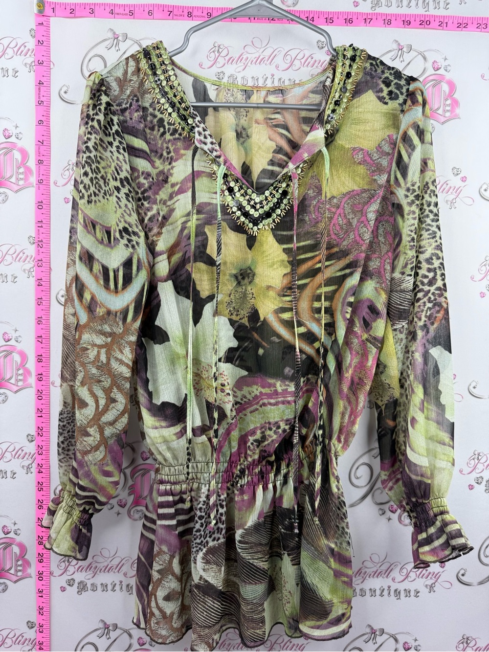 Shirt or mini dress beaded studs Printed V-Neck Long Sleeve Tunic in Multicolor